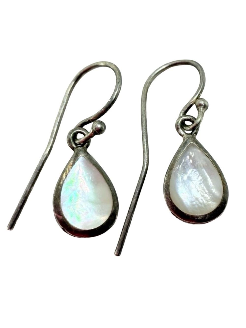 Vintage 925 Sterling Silver White Mother of Pearl Teardrop Dangle Earrings